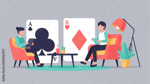 Two people relaxing at home with large playing cards in the background