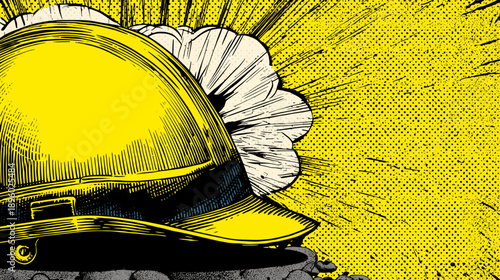 A stylized comic book illustration, featuring a yellow construction helmet and a white cloud burst