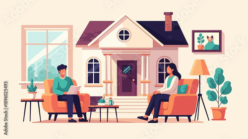 Two people relaxing in a cozy home interior with a framed pet portrait above