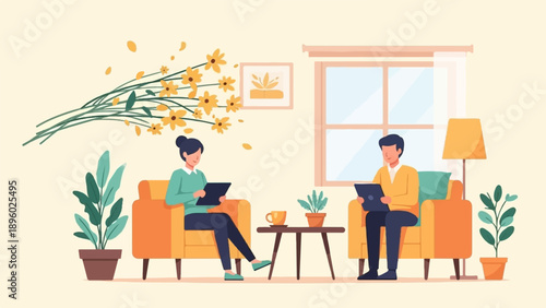 Two people in armchairs with tablets near plants and flowers