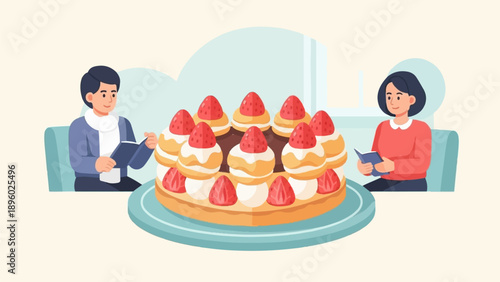 Two people reading books beside a large strawberry cake