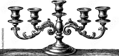 Ornate vintage metal candelabra and botanical elements in detailed engraving