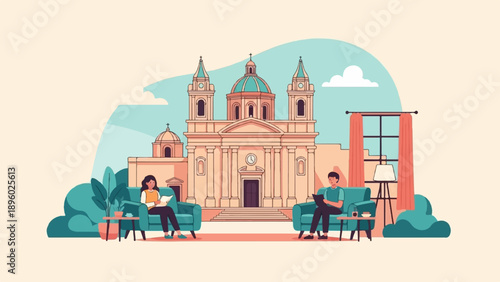 Two people reading books comfortably inside a room with a view of a church