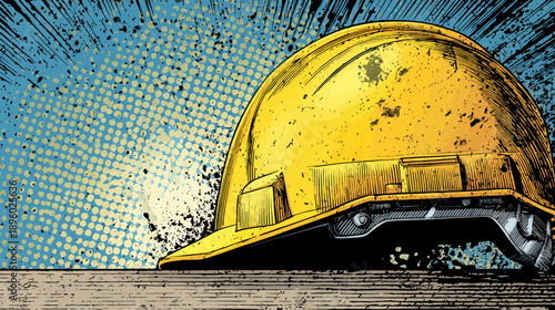 A vibrant comic-style depiction of a yellow safety helmet on a wooden surface, with a splash effect