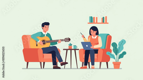 Two people relaxing in armchairs, one plays guitar, other uses laptop