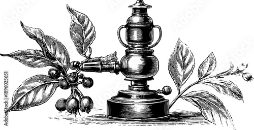 Vintage oil lamp with botanical elements in retro engraving style for interior design
