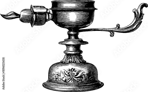 Vintage oil lamp with botanical engraving for classic interior lighting design