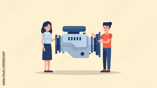 Two people examine an engine, one holding a blueprint for the machinery