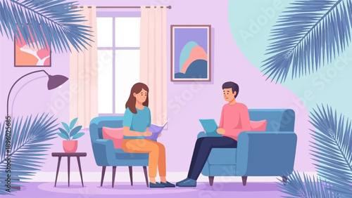 Two people sit in a room, one reading, one looking at a tablet