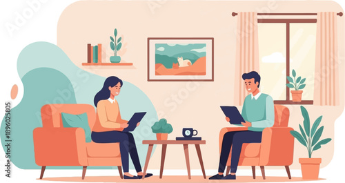 Two people relaxing in armchairs, using tablets, in a cozy room