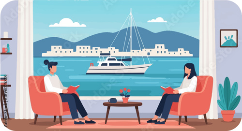 Two people reading books in chairs by a window overlooking a bay with a yacht