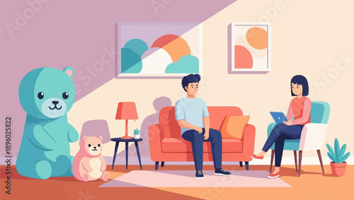 Two people in a brightly lit room with plush toys and modern art