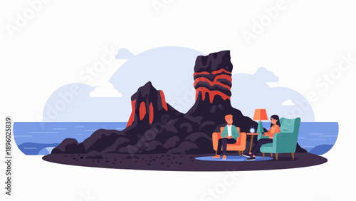 Two people sit in armchairs by a rocky sea landscape with volcanic formations