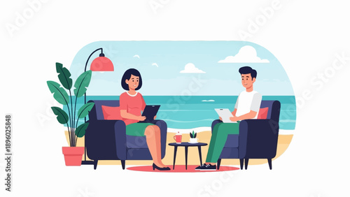Two people sit in armchairs at the beach, talking and holding tablets