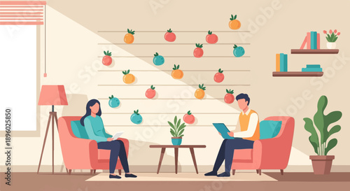 Two people in a cozy room, one on each side of a coffee table