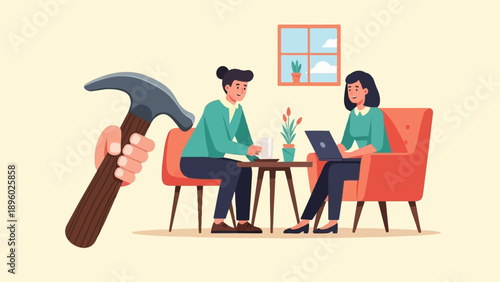 Two people in a cafe, one with a laptop and one with a drink, with a hammer nearby