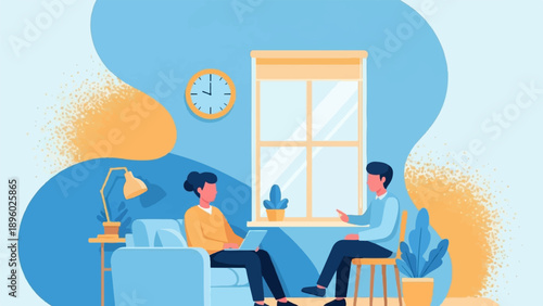 Two people in a blue room talking with a laptop and a lamp