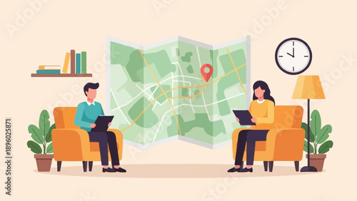 Two people in comfortable chairs looking at a map with a location pin