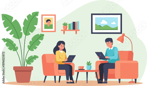 Two people relaxing in armchairs, working on laptops in a cozy room