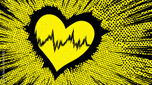 A heart graphic with a heart rate symbol inside, set against a dynamic yellow and black pop art style