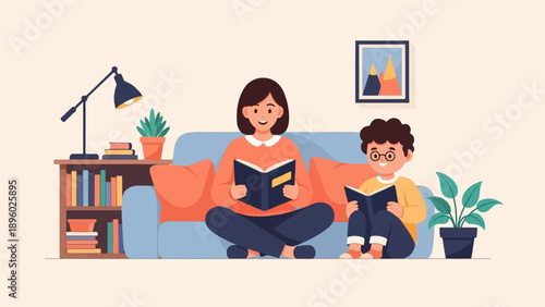 Two people reading books together on a couch in a cozy living room