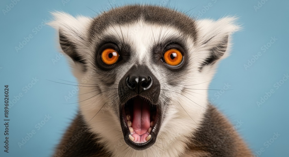Fototapeta premium Close up of a lemur with an open mouth and striking orange eyes on a blue background