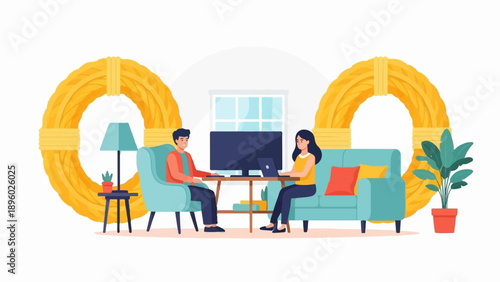 Two people relax indoors on a sofa and chair, facing a computer