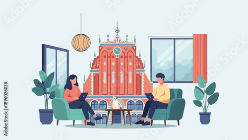 Two people in comfy chairs, each with a laptop, a cat on table, a building background