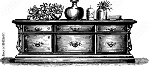 Vintage sideboard with botanical accents in engraved style for interior design