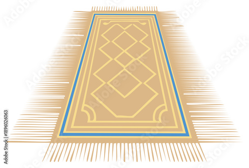 Traditional beige prayer mat with geometric pattern blue border and fringes vector graphic