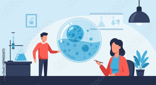 Two people in a laboratory examining a large spherical flask containing blue liquid and bubbles