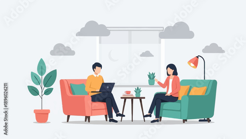 Two people relaxing indoors by a window at night, with a plant