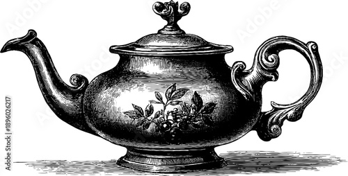 Vintage ceramic teapot with botanical engraving silhouette