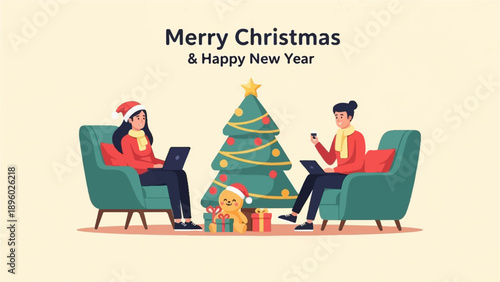 Two people in cozy chairs, Christmas tree, gifts, gingerbread man, text