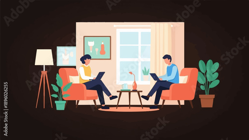 Two people sit in armchairs, each working on a laptop in a cozy room