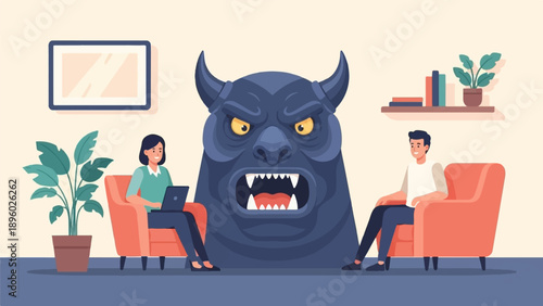 Two people sit in armchairs facing a large, fanged, blue monster