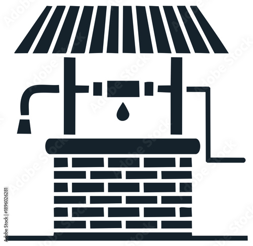 Illustration of a water well drawing water, drop falling, with a roof
