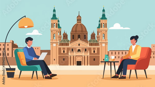 Two people relax and work on laptops in front of a grand building