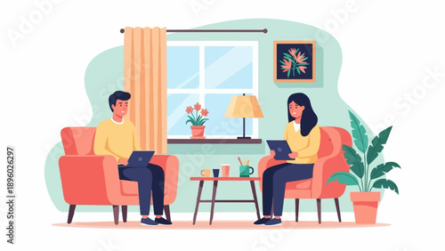 Two people relaxing indoors, each with a digital device, surrounded by home decor