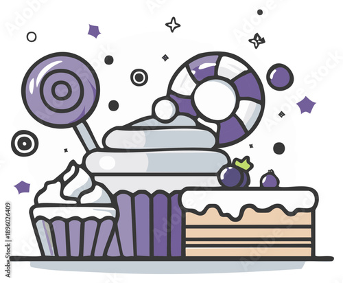 Playful dessert illustration featuring purple cupcakes cake slice lollipop and sugary candy