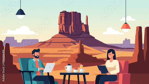 Two people relax at a cafe with a vast desert landscape and rock formations