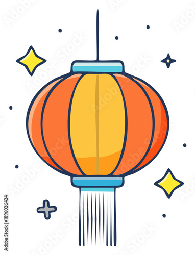 Vibrant orange and yellow hanging traditional Asian lantern illustration with sparkling stars
