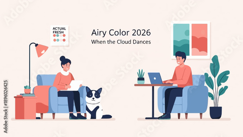 Two people relax at home with a dog and plants, working on laptops