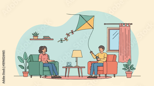 Two people relaxing indoors, one flies a kite