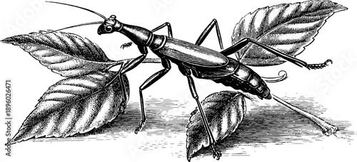 Vintage botanical walking stick insect engraving - 19th century etched specimen illustration