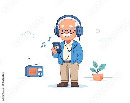Elderly man listening to music on smartphone with headphones, flat vector illustration
