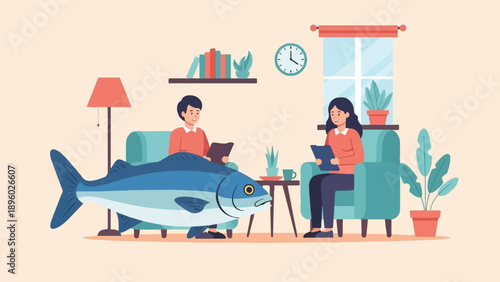 Two people in a living room with a giant fish