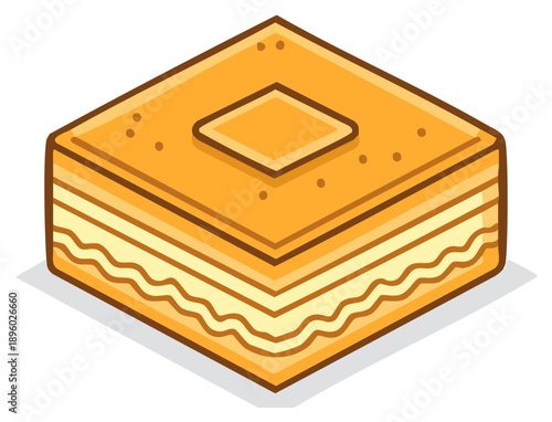 Sweet honey baklava with layers of phyllo dough in isometric view, rich dessert with nuts in diamond square piece