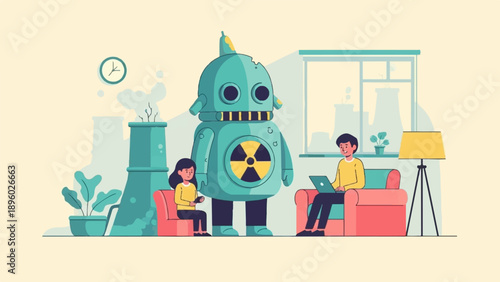 Two people in a living room with a giant robot and industrial background