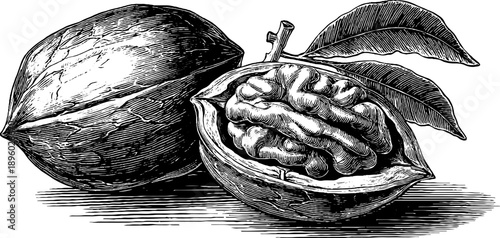 Walnut seed cross section vintage botanical engraving from 19th century for design and print